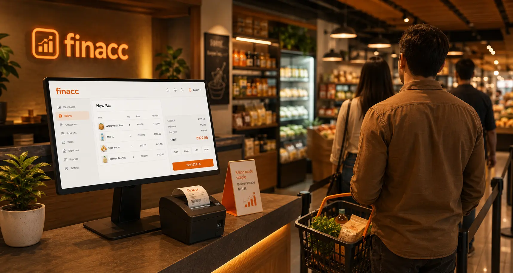 FinAcc billing screen at a store checkout counter